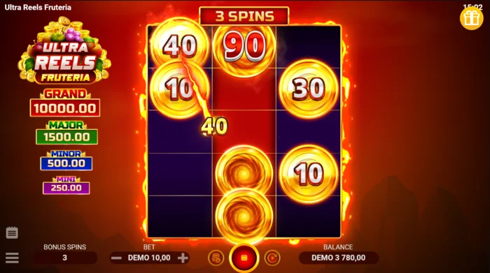 Ultra Reels Fruteria - bonusskærm med tre Free Spins og samler